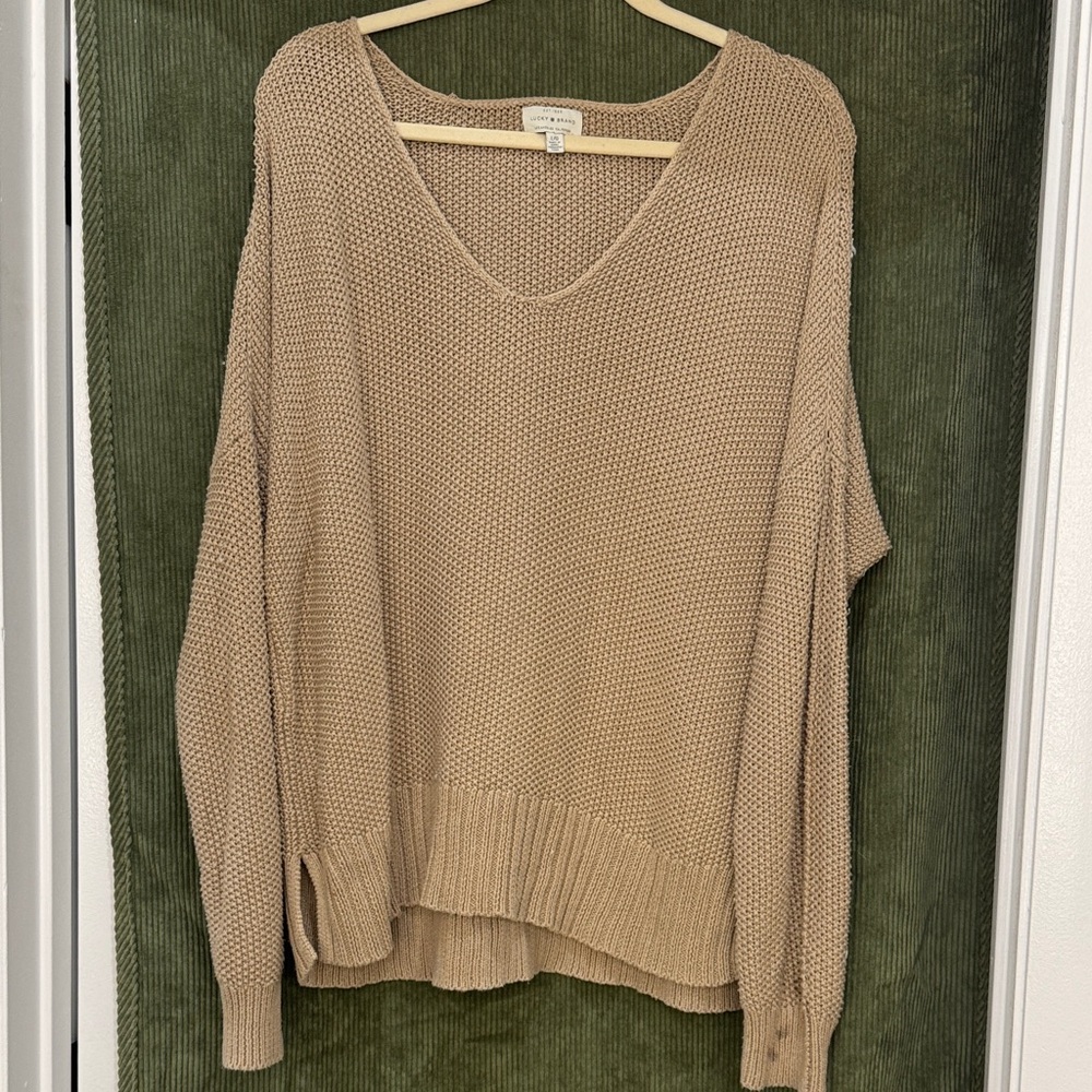 Distressed Lucky Brand Women's V-Neck Sweater in Tan